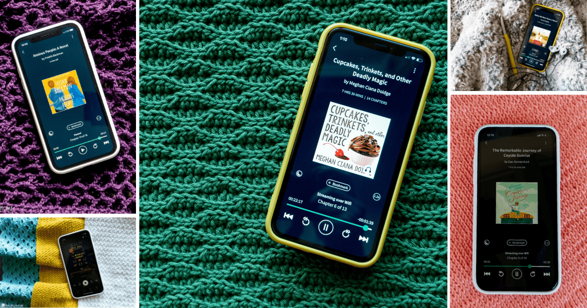 Phone opened to audiobook app sitting on a green sample of the Almond Ridges Crochet Stitch.