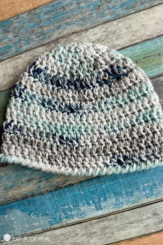 blue and gray 30 minute crochet beanie