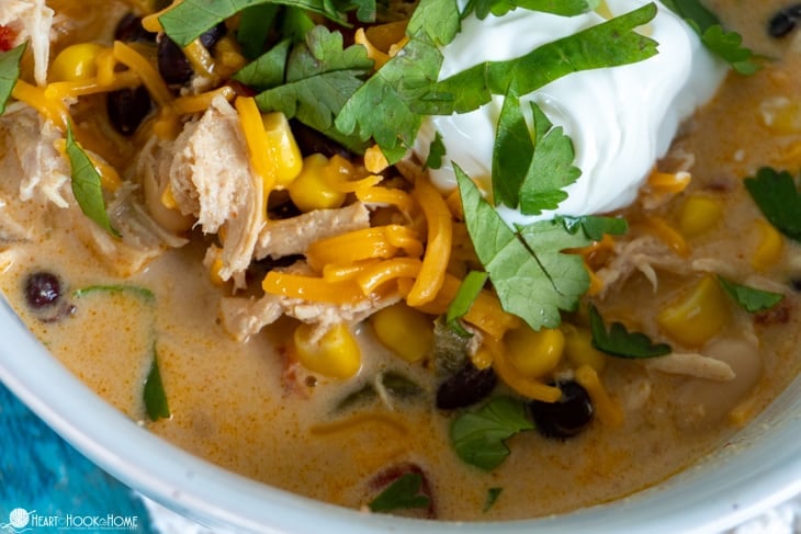 Sample of the Creamy Tex-Mex Chicken Soup recipe with optional cheddar cheese, sour cream, and cilantro toppings.
