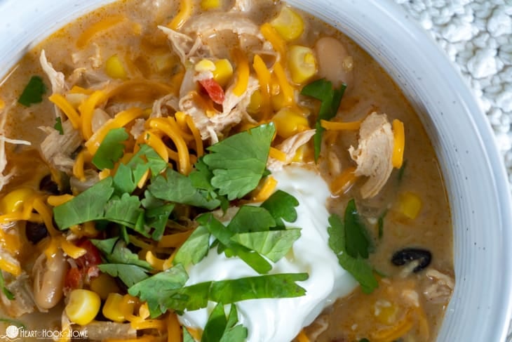 Sample of the Creamy Tex-Mex Chicken Soup recipe with optional cheddar cheese, sour cream, and cilantro toppings.