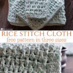 White examples of the Rice Stitch Cloth crochet pattern in three sizes.
