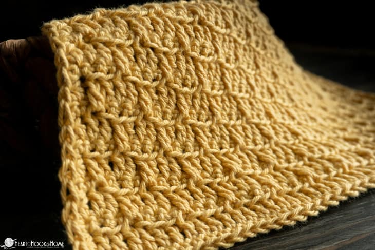 Mustard colorway of an example of the Brick Stitch Cloth crochet pattern.