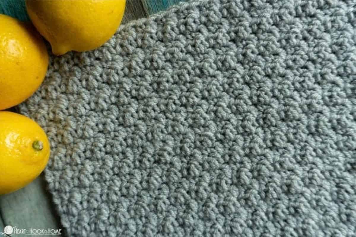 image depicts finished swatch showing how to crochet lemon peel stitch