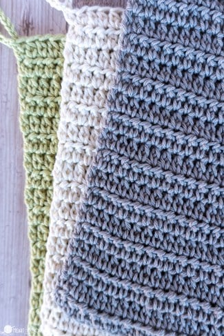 Up close of 3 samples of the Easiest Crochet Washcloth crochet pattern in Silver, Swan, and Honeydew colorways of Dishie 100% Cotton Yarn.