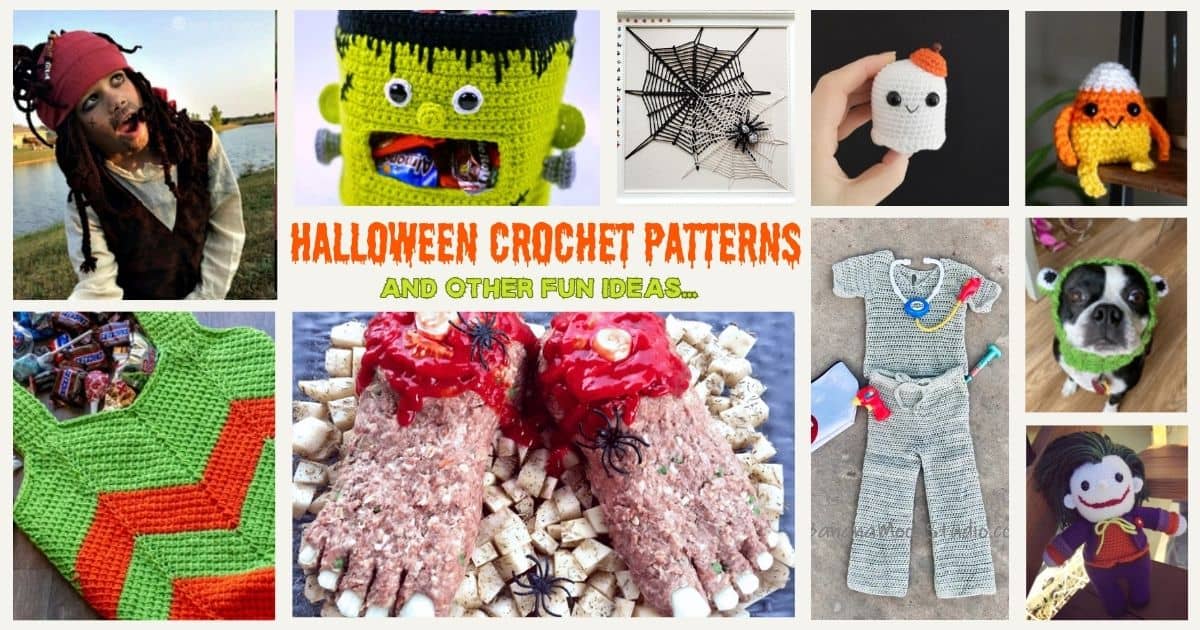 Photo collage of many Halloween crochet patterns and ideas