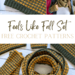 Feels Like Fall Houndstooth stitch set including Infinity Scarf, Ear Warmer, Fingerless Gloves, Coffee Cup Cozy and Beanie.