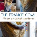 3 pictures of The Frankie Cowl, triangle Shawl on a female model and on a mannequin.  