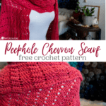 Front and back of the Peephole Chevron Scarf wrapped around a mannequin.