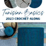 Tunisian Basics 2023 Crochet-Along banner with a sample of the Tunisian Half Double Crochet Stitch