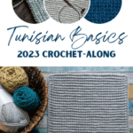 Tunisian Basics 2023 Crochet-Along banner with a sample of the Tunisian Reverse Stitch.