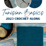 Tunisian Basics 2023 Crochet-Along banner with samples of the Purl Stitch
