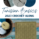 Tunisian Basics 2023 Crochet-Along banner with Sample of Tunisian Basketweave 