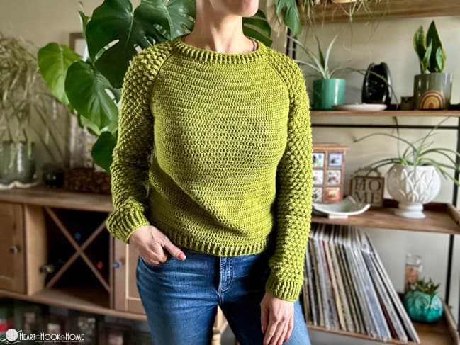 The Manilow Pullover in green on adult female