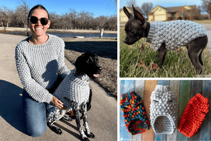 Ashlea wearing a Wild Berry Pullover crochet pattern next to a dog wearing the matching Wild Berry Dog Sweater crochet pattern. Tiny dog wearing the Tiny Berry Dog Sweater crochet pattern. 2 samples of the Tiny Berry Dog crochet pattern. 