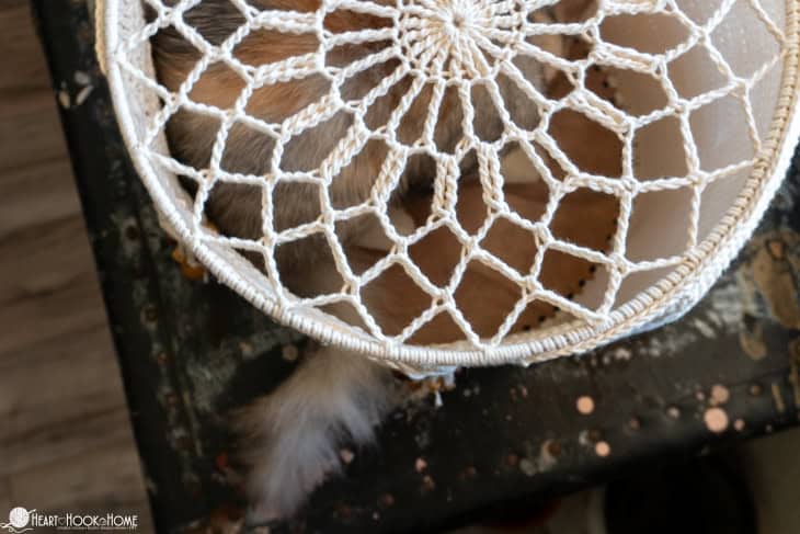 The top view of the Crochet Cat Cave with a cat inside.