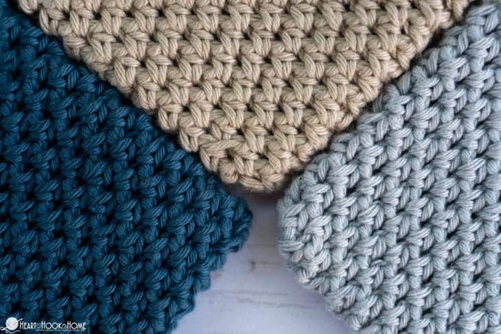 Gray, tan, and blue colorways of 8/6 Rainbow Cotton from Hobbii examples of the Double Thick Hot Pad crochet pattern.