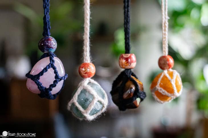 Multiple colors of stones and colorways of the Gemstone Holder crochet pattern.