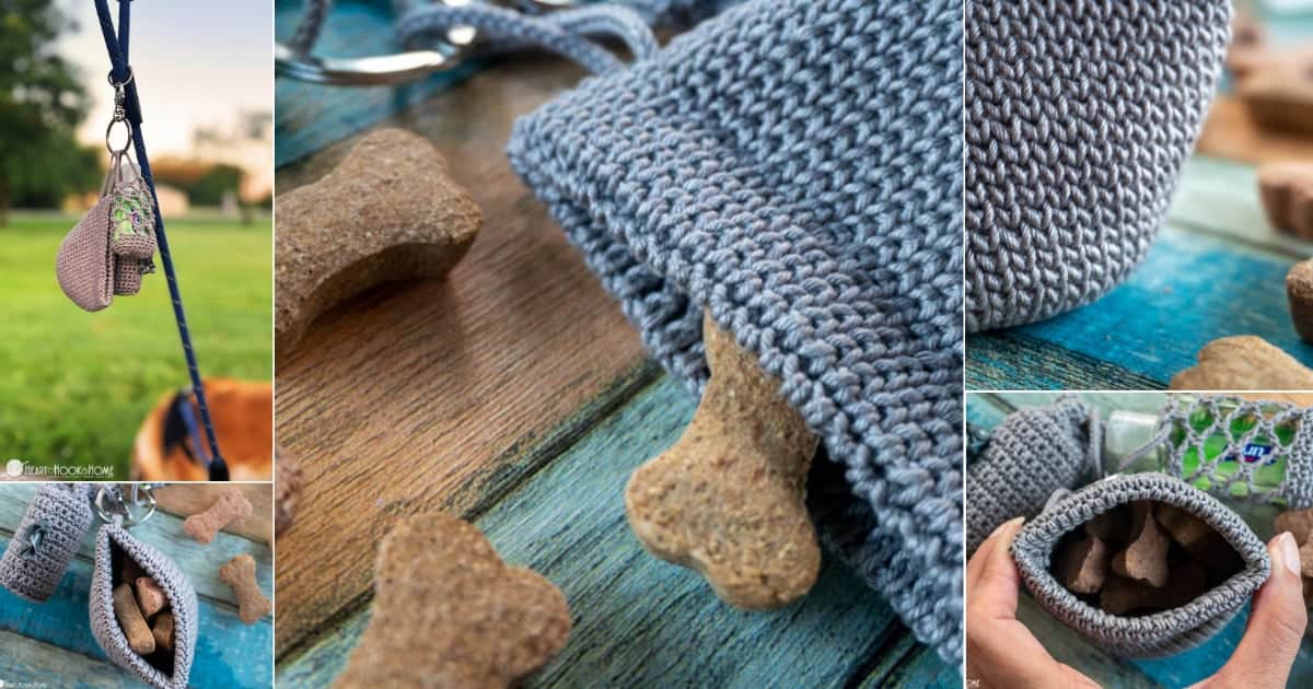 gray crocheted pouch with dog treats