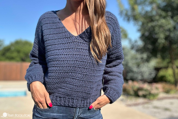 blue v neck crochet sweater