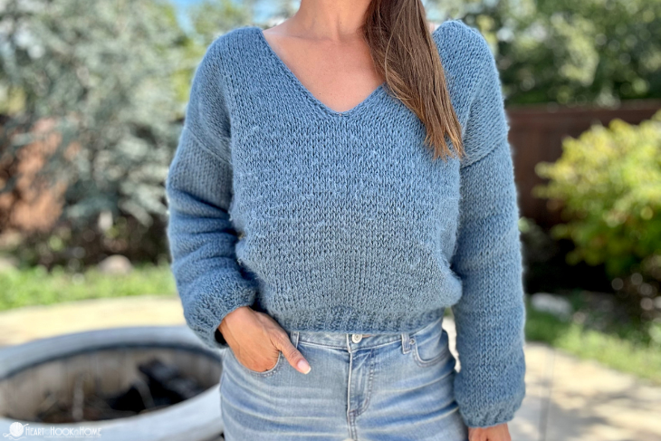 blue fuzzy yarn v neck crochet