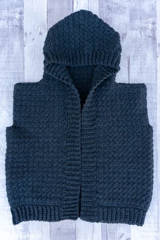 Gray example of the Layering Hooded Vest crochet pattern.
