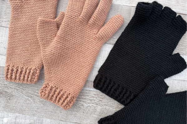 Peach example of the Gloves with Fingers crochet pattern next to a black fingerless example.