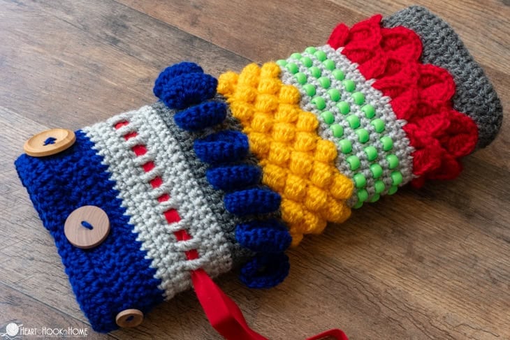 colorful twiddle muff crochet pattern with beads and ribbons