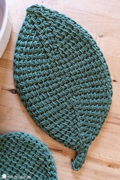 green crocheted leaf hot pad