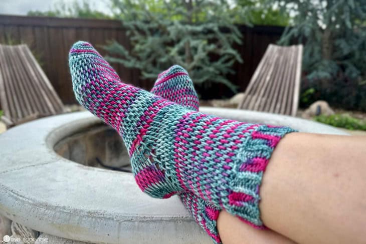 teal and pink Tunisian crochet socks