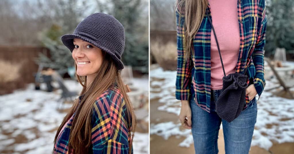 woman modeling a black carry-all bucket hat