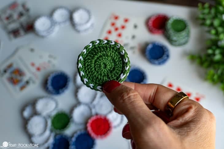 green crocheted poker chip