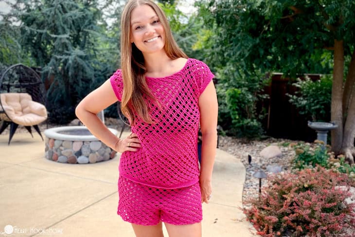 woman wearing Marla's crochet shorts in pink
