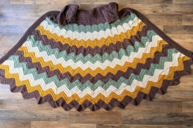 brown, mustard, cream, and green chevron blanket cardigan with sleeves